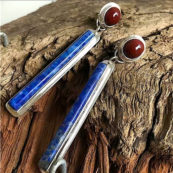 Handmade Silver Red Agate Lapis Lazuli Vintage Boho Long Vertical Earrings - Picture 1 of 5